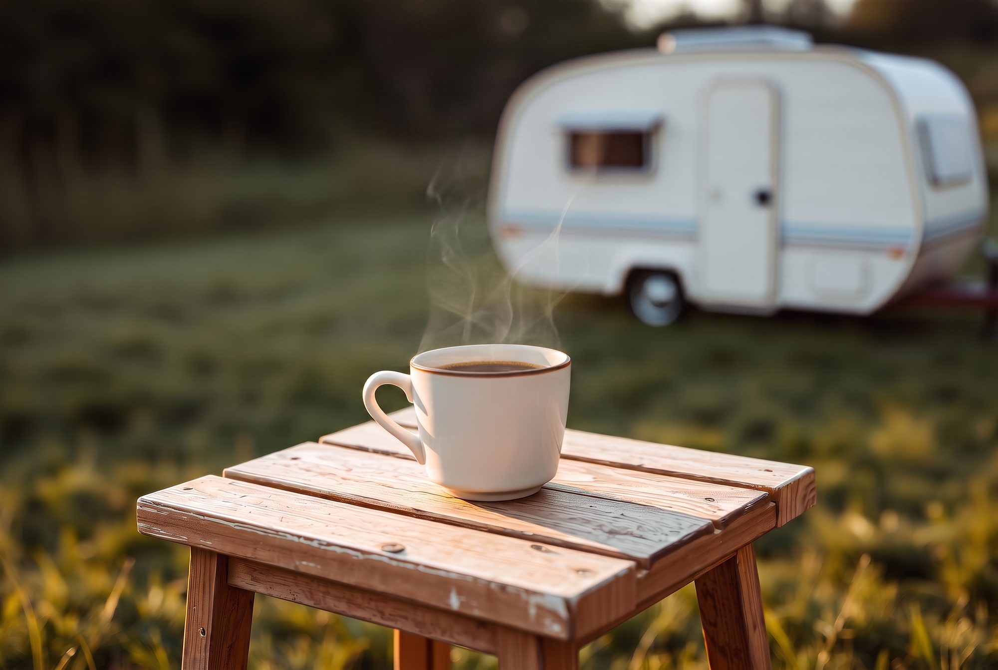 Morning coffee steaming on a small table outside